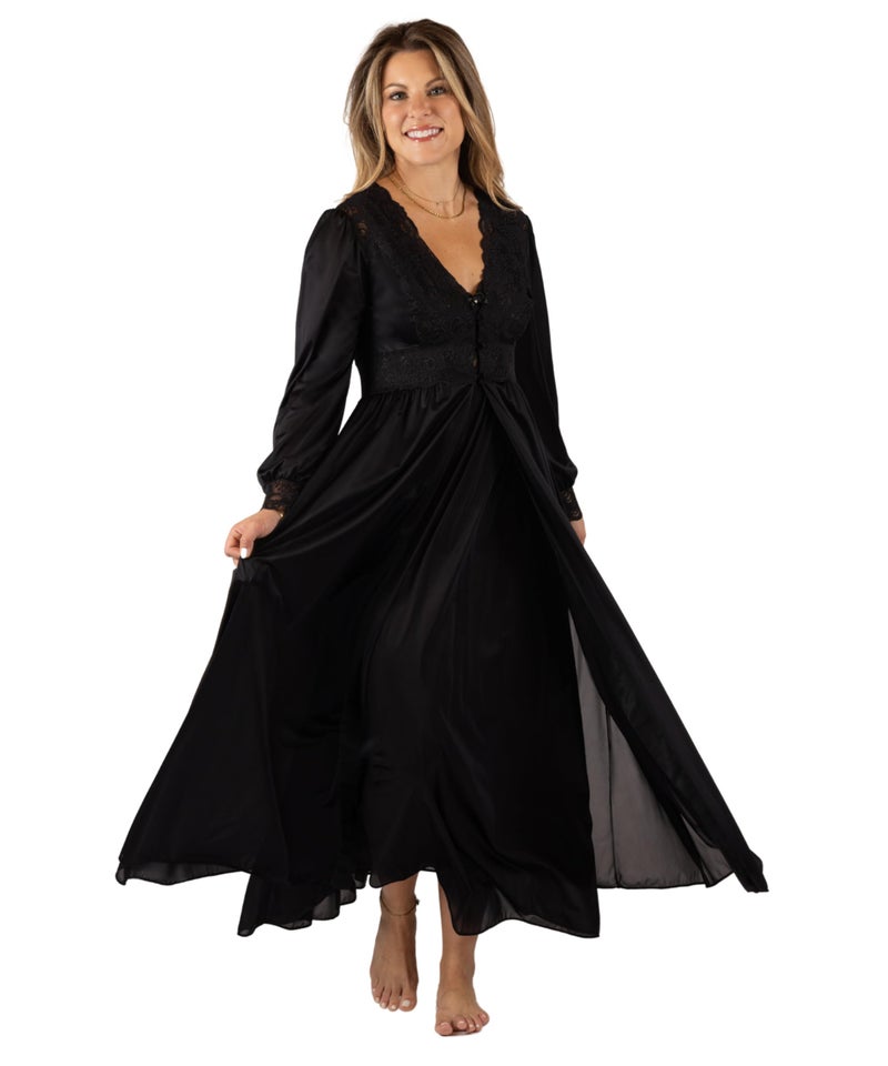 Shadowline Womenâ€™s Blackâ€¯Long Lace Bodice Button Down Robeâ€¯ |â€¯ (Medium), 54â€ Length Robe |â€¯ Elegant Sleepwear Crafted from Lightly-Shimmering Satintrique Nylon and Soft Stretch lace. - Image 1